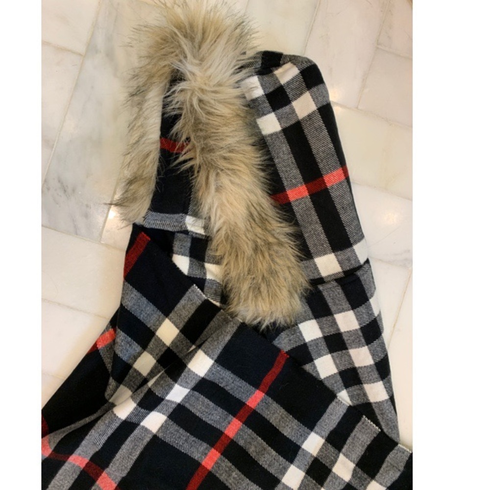 Winter plaid cape with faux fur hood